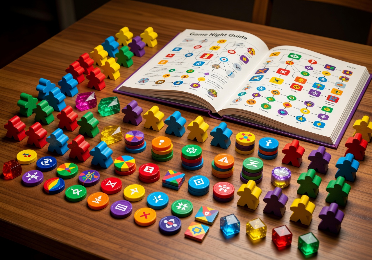 Illustration of colorful game tokens, meeples and a rulebook for the game night guide