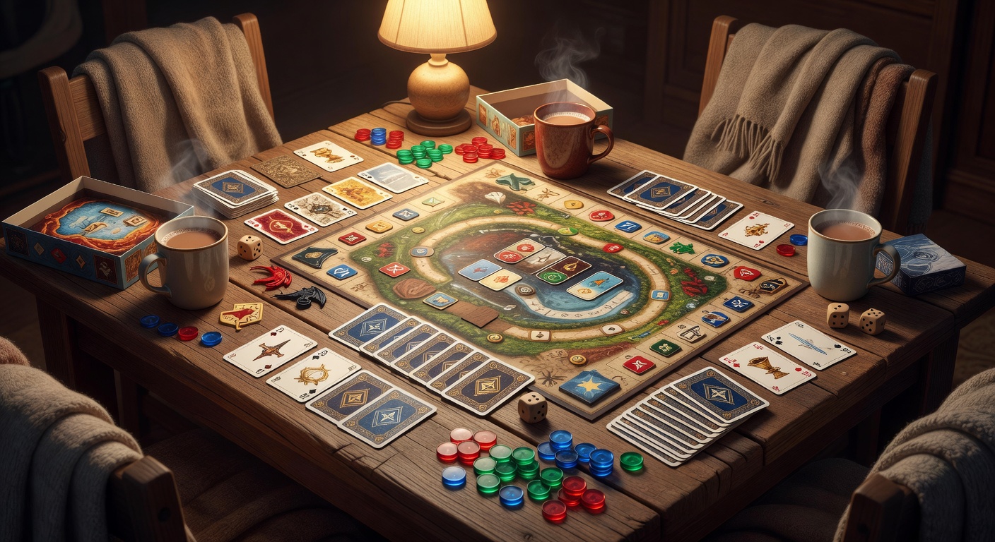 Illustration of a cozy game night table with board games, cards and tokens