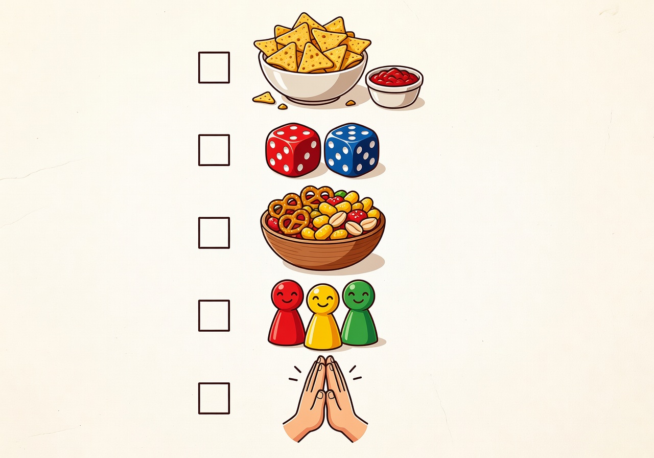 Illustration of a game night checklist with snacks, dice and friendly icons