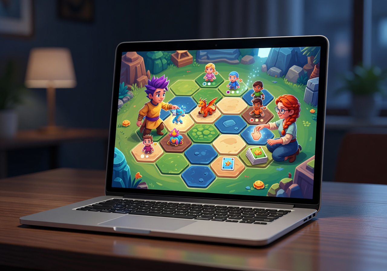 Illustration of a laptop screen showing an online board game session with friends